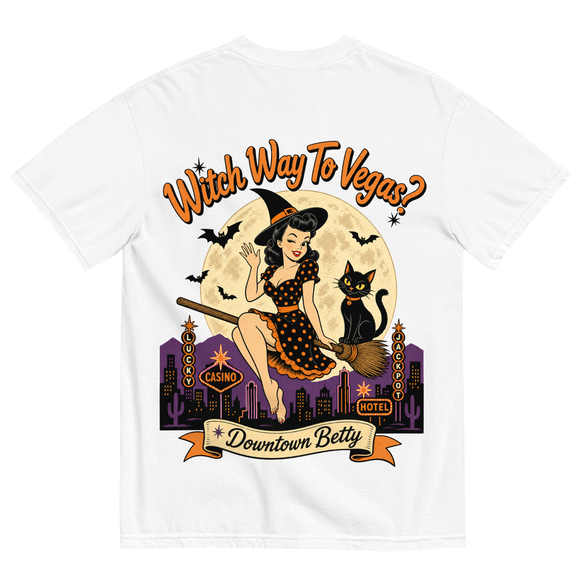 Witch Way To Vegas T-Shirt in White, back print, retro pinup witch and black cat Halloween graphic