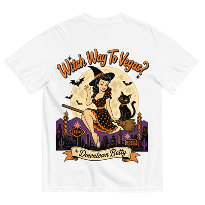 Witch Way To Vegas T-Shirt in White, back print, retro pinup witch and black cat Halloween graphic