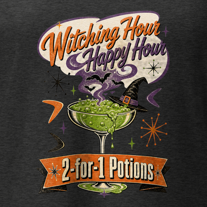 Witching Hour Happy Hour V-Neck in Dark Grey Heather, close-up of the front print, retro Halloween potion cocktail graphic
