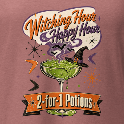Witching Hour Happy Hour V-Neck in Heather Mauve, close-up of the front print, retro Halloween potion cocktail graphic