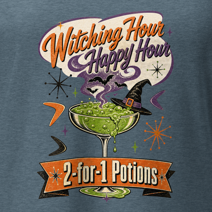Witching Hour Happy Hour V-Neck in Heather Slate, close-up of the front print, retro Halloween potion cocktail graphic