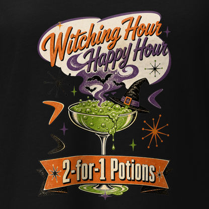 Witching Hour Happy Hour V-Neck in Solid Black Blend, close-up of the front print, retro Halloween potion cocktail graphic