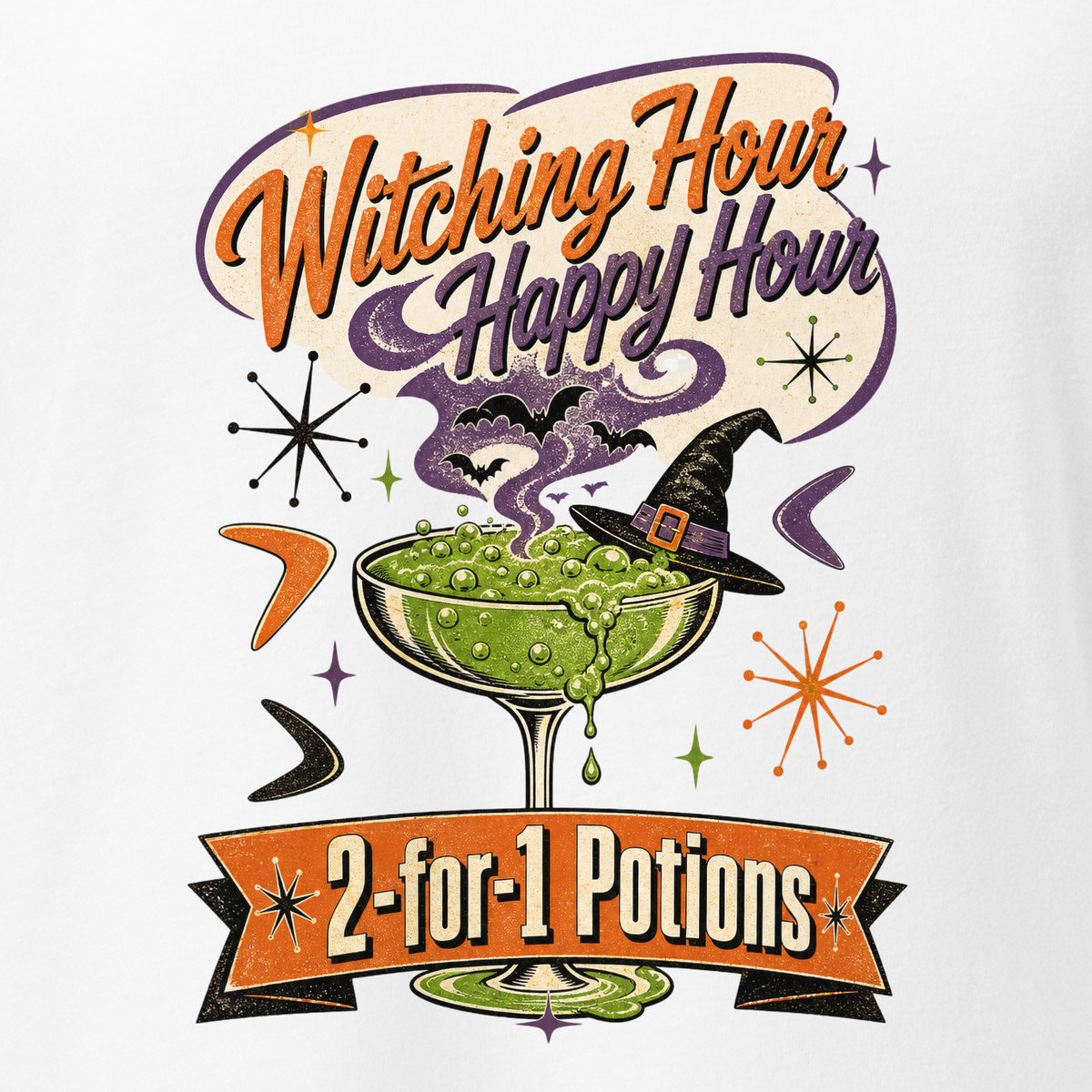 Witching Hour Happy Hour V-Neck in Solid White Blend, close-up of the front print, retro Halloween potion cocktail graphic