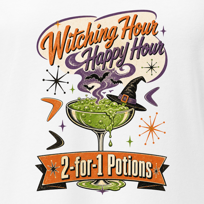 Witching Hour Happy Hour V-Neck in Solid White Blend, close-up of the front print, retro Halloween potion cocktail graphic