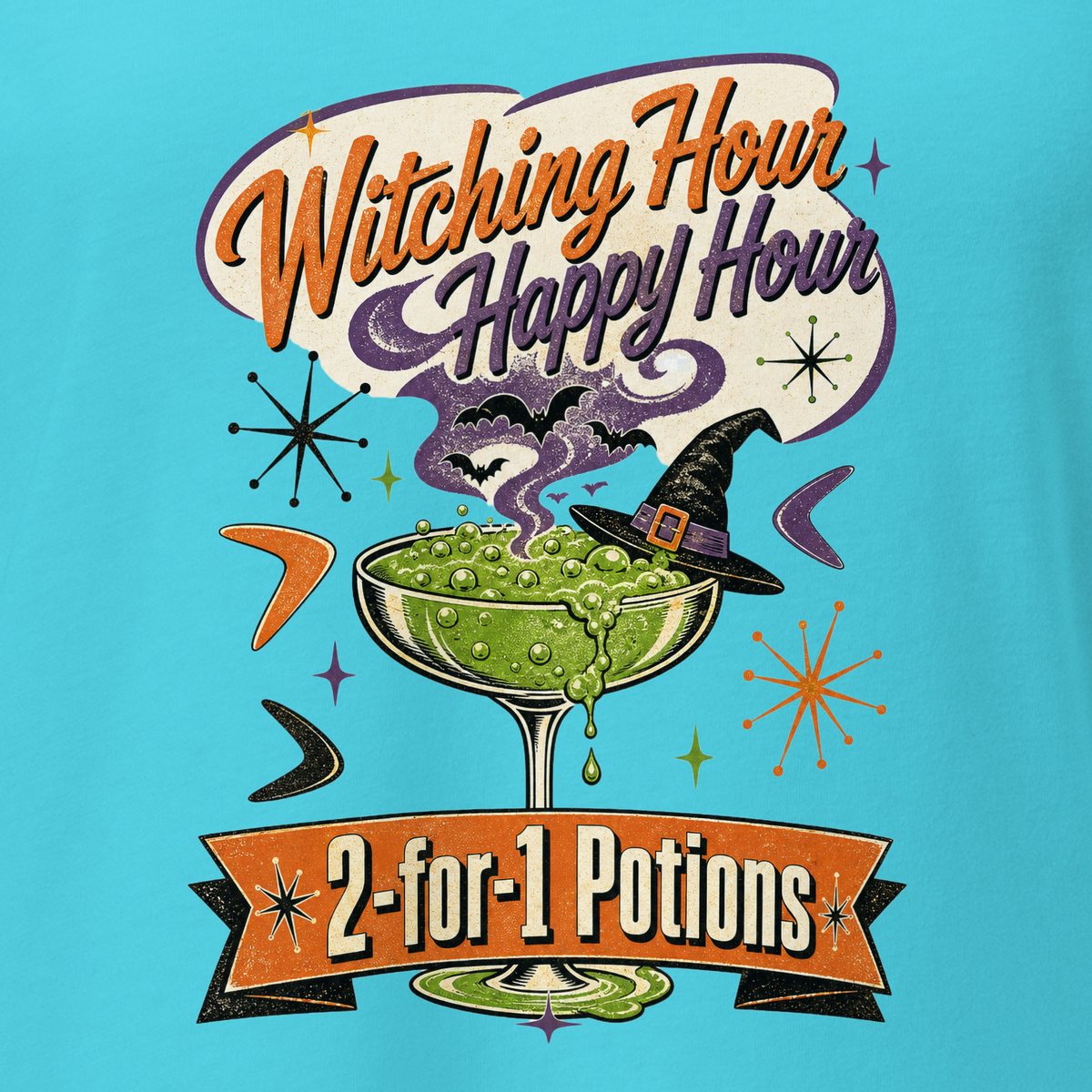 Witching Hour Happy Hour V-Neck in Turquoise, close-up of the front print, retro Halloween potion cocktail graphic