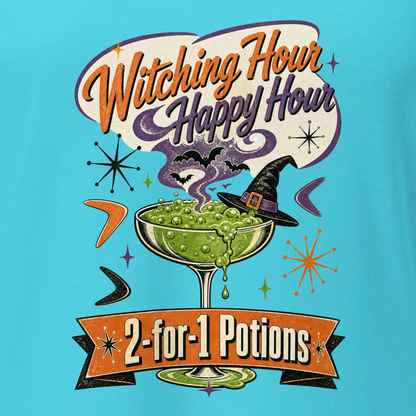 Witching Hour Happy Hour V-Neck in Turquoise, close-up of the front print, retro Halloween potion cocktail graphic