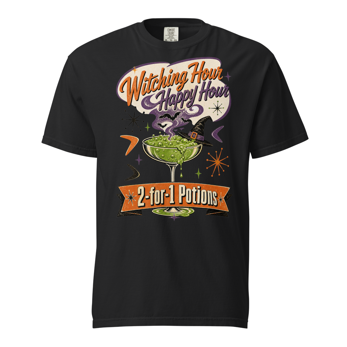 Witching Hour Happy Hour T-Shirt in Black, front view, bubbling potion cocktail with witch hat retro Halloween graphic