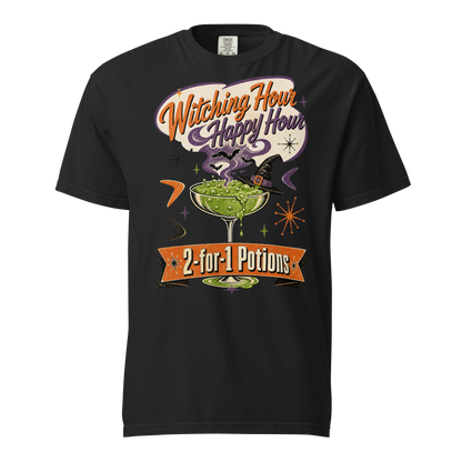 Witching Hour Happy Hour T-Shirt in Black, front view, bubbling potion cocktail with witch hat retro Halloween graphic