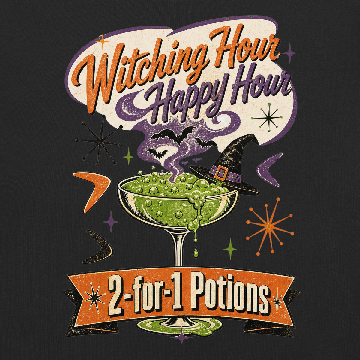Witching Hour Happy Hour T-Shirt in Black, front view (alternate mockup), bubbling potion cocktail with witch hat retro Halloween graphic