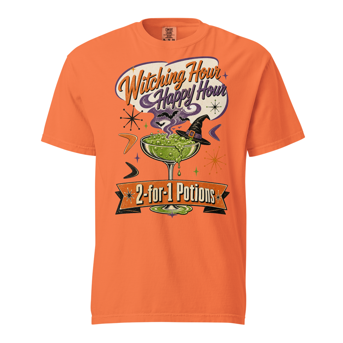 Witching Hour Happy Hour T-Shirt in Burnt Orange, front view, bubbling potion cocktail with witch hat retro Halloween graphic