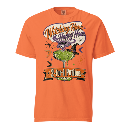 Witching Hour Happy Hour T-Shirt in Burnt Orange, front view, bubbling potion cocktail with witch hat retro Halloween graphic