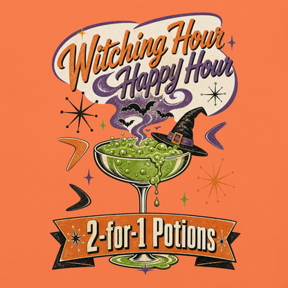 Witching Hour Happy Hour T-Shirt in Burnt Orange, front view (alternate mockup), bubbling potion cocktail with witch hat retro Halloween graphic