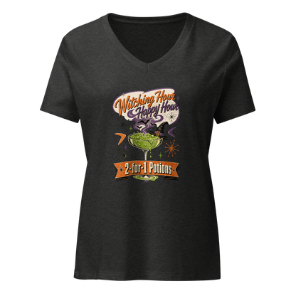 Witching Hour Happy Hour V-Neck in Dark Grey Heather, front view, retro Halloween cocktail graphic with witch hat and bats
