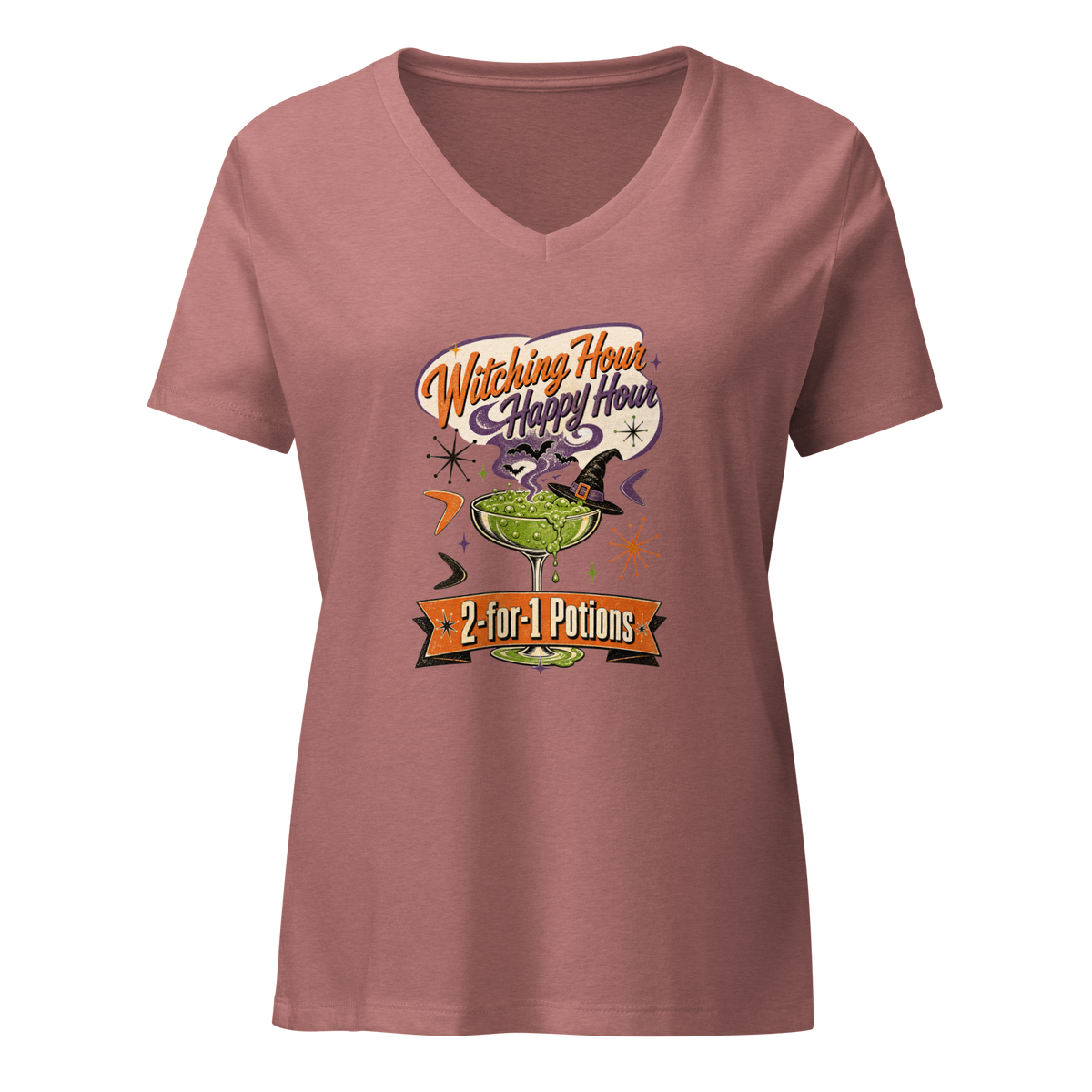 Witching Hour Happy Hour V-Neck in Heather Mauve, front view, retro Halloween cocktail graphic with witch hat and bats
