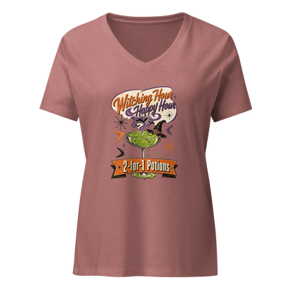 Witching Hour Happy Hour V-Neck in Heather Mauve, front view, retro Halloween cocktail graphic with witch hat and bats
