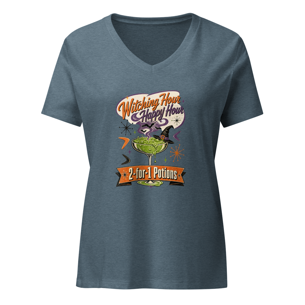 Witching Hour Happy Hour V-Neck in Heather Slate, front view, retro Halloween cocktail graphic with witch hat and bats