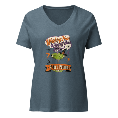 Witching Hour Happy Hour V-Neck in Heather Slate, front view, retro Halloween cocktail graphic with witch hat and bats