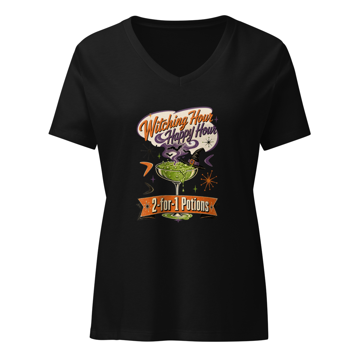 Witching Hour Happy Hour V-Neck in Solid Black Blend, front view, retro Halloween cocktail graphic with witch hat and bats