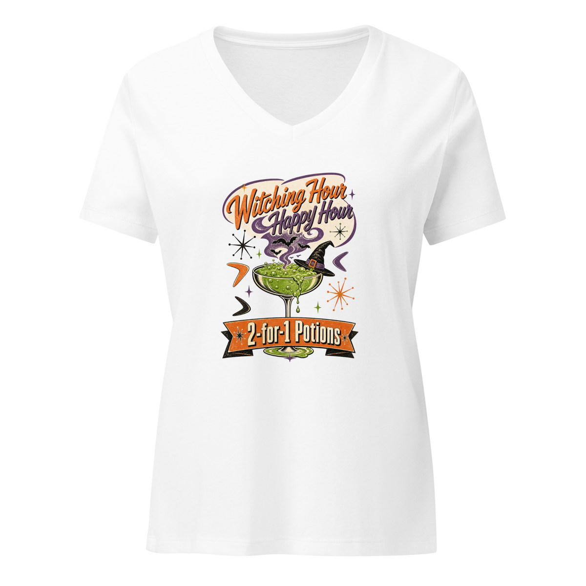 Witching Hour Happy Hour V-Neck in Solid White Blend, front view, retro Halloween cocktail graphic with witch hat and bats