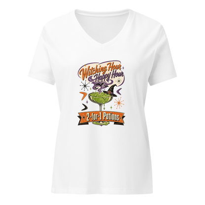 Witching Hour Happy Hour V-Neck in Solid White Blend, front view, retro Halloween cocktail graphic with witch hat and bats