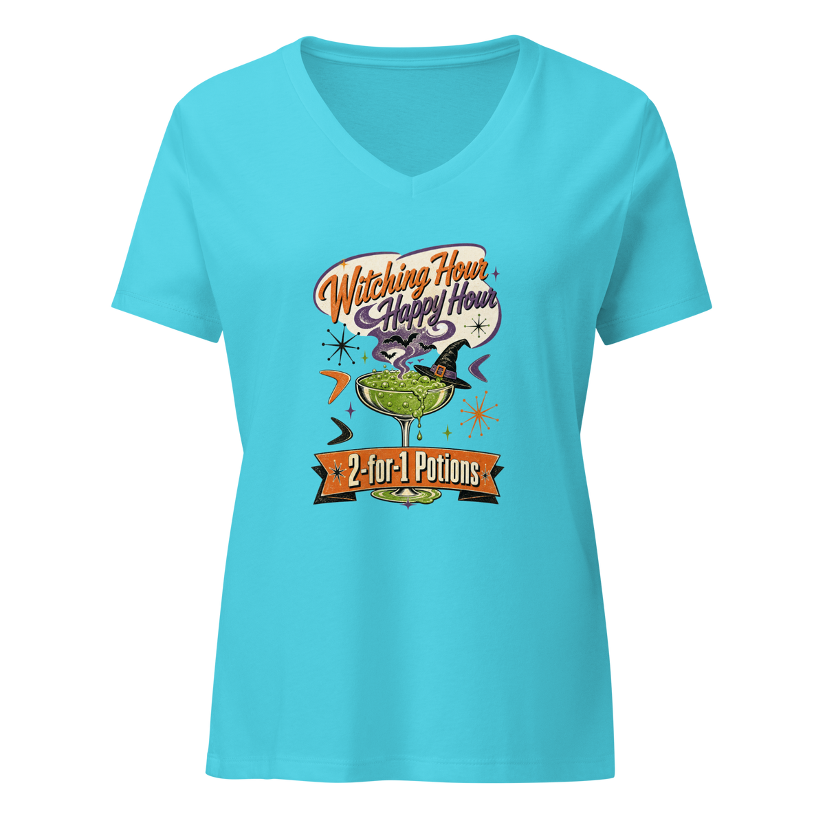 Witching Hour Happy Hour V-Neck in Turquoise, front view, retro Halloween cocktail graphic with witch hat and bats