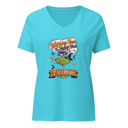 Witching Hour Happy Hour V-Neck in Turquoise, front view, retro Halloween cocktail graphic with witch hat and bats