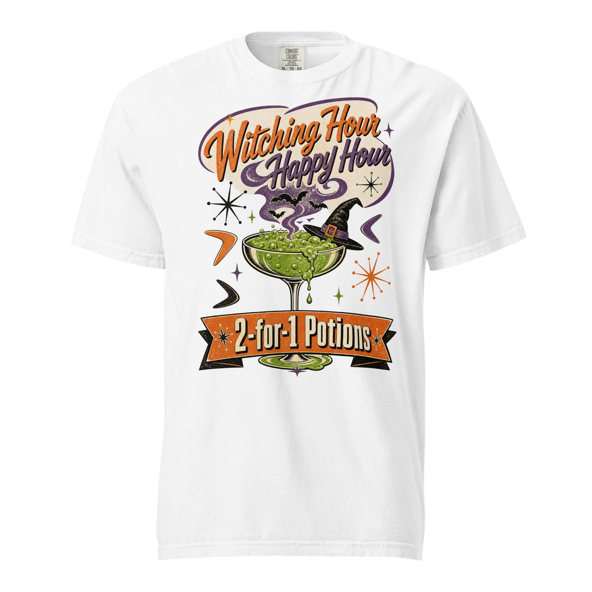 Witching Hour Happy Hour T-Shirt in White, front view, bubbling potion cocktail with witch hat retro Halloween graphic