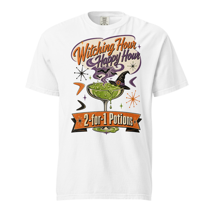 Witching Hour Happy Hour T-Shirt in White, front view, bubbling potion cocktail with witch hat retro Halloween graphic