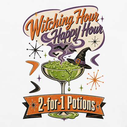 Witching Hour Happy Hour T-Shirt in White, front view (alternate mockup), bubbling potion cocktail with witch hat retro Halloween graphic